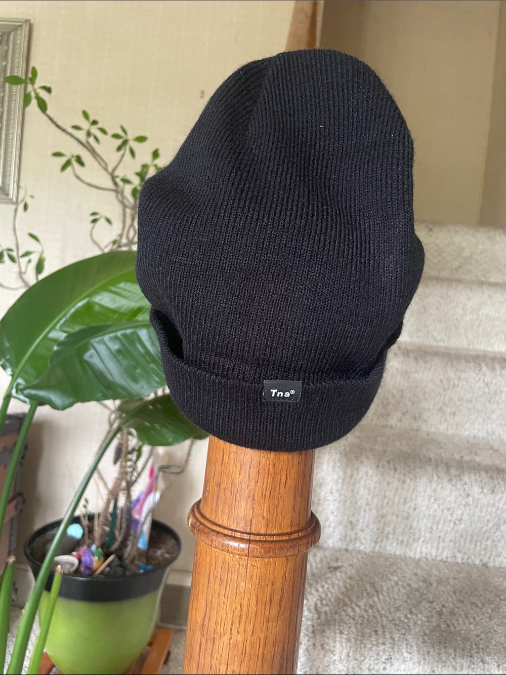 TNA Black Ribbed Knit Beanie with Logo Tag NEW